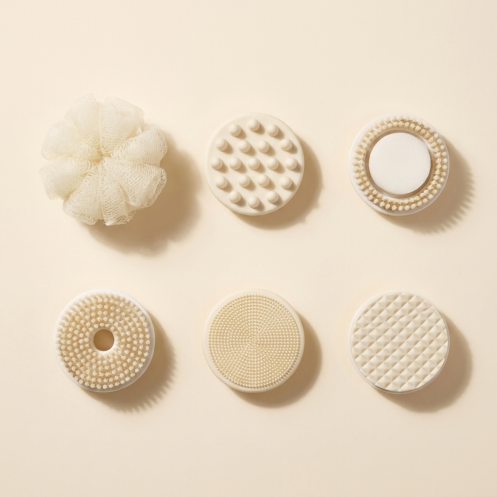 Six Scrub Reach replacement brush heads laid flat, showing every texture option